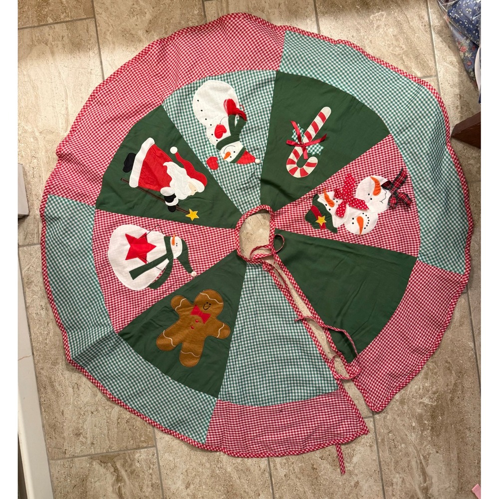 Vintage Handmade Christmas Tree Skirt Patchwork Santa Snowman Gingerbread